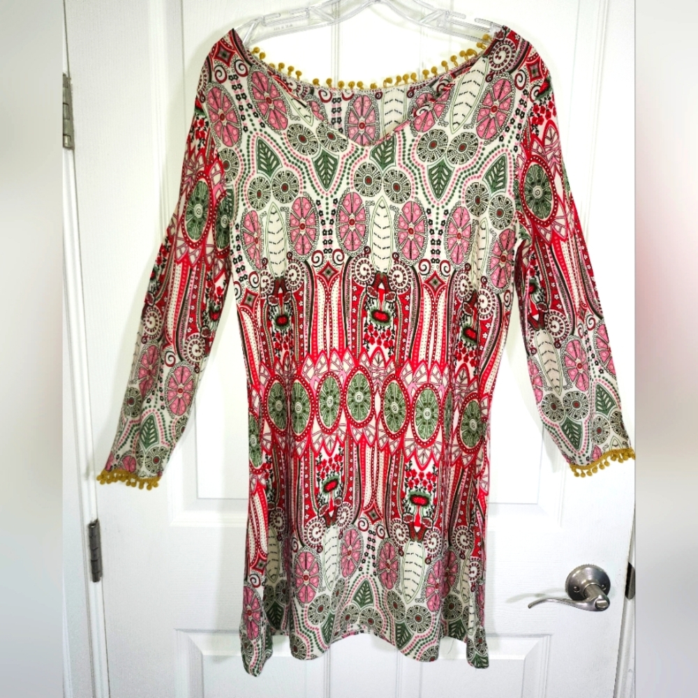 Amy Fashion Red Green Pom Pom Long SL Boho Shift Midi Dress S M